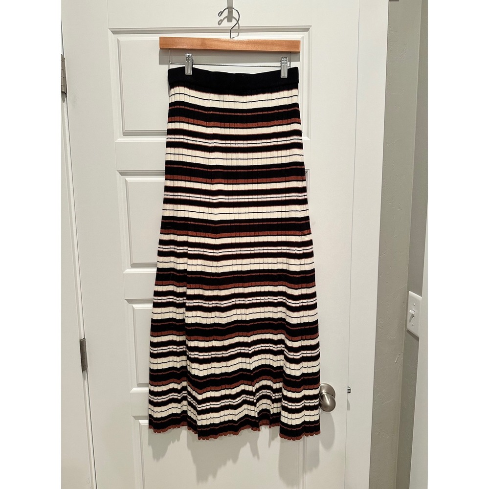 La February Striped Ribbed Knit Maxi‎ Skirt Black Cream Rust Small Boho Prairie
